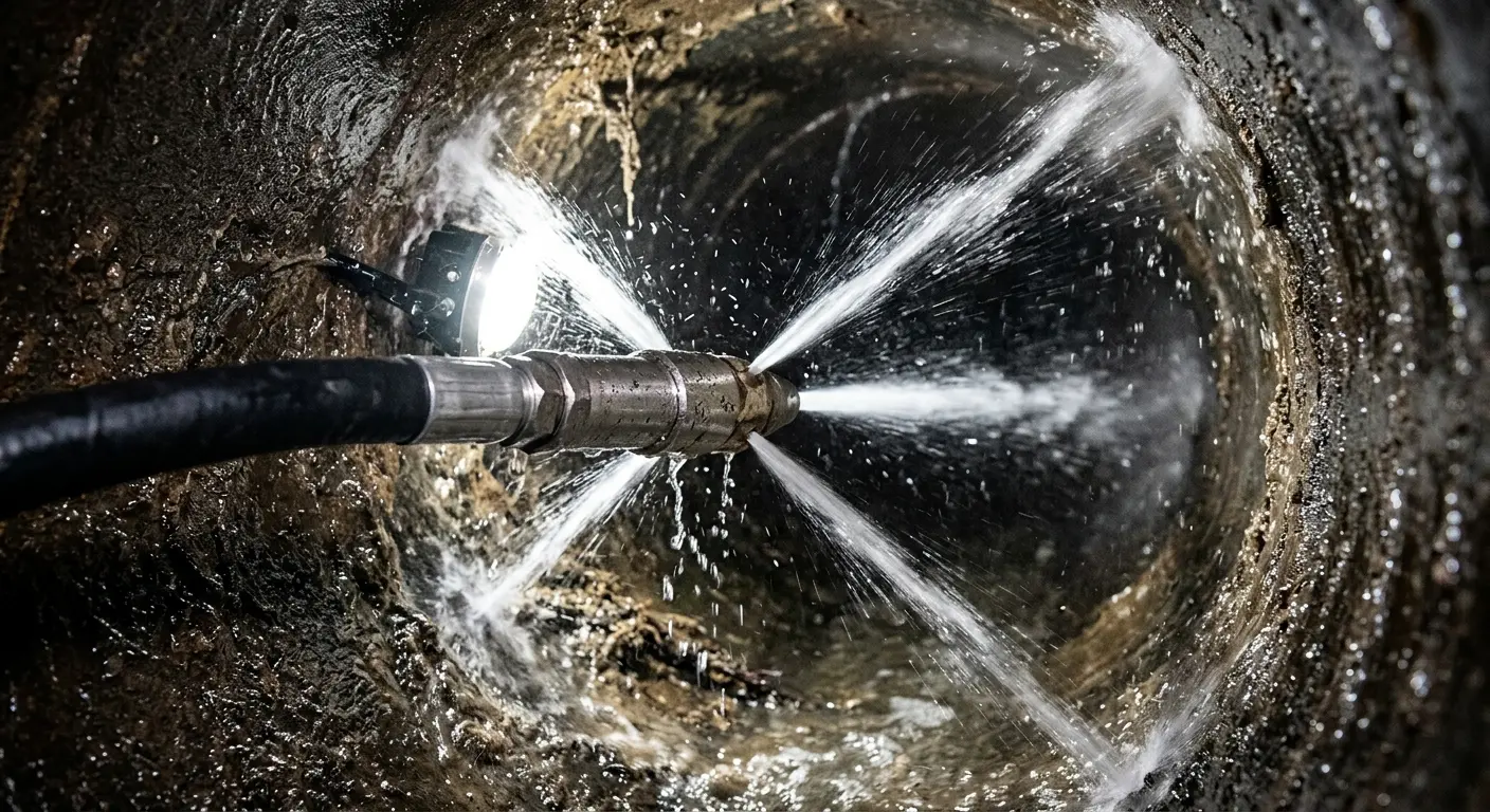 High-pressure hydro jetting nozzle cleaning sewer pipe for Emergency Drain Service in Adrian