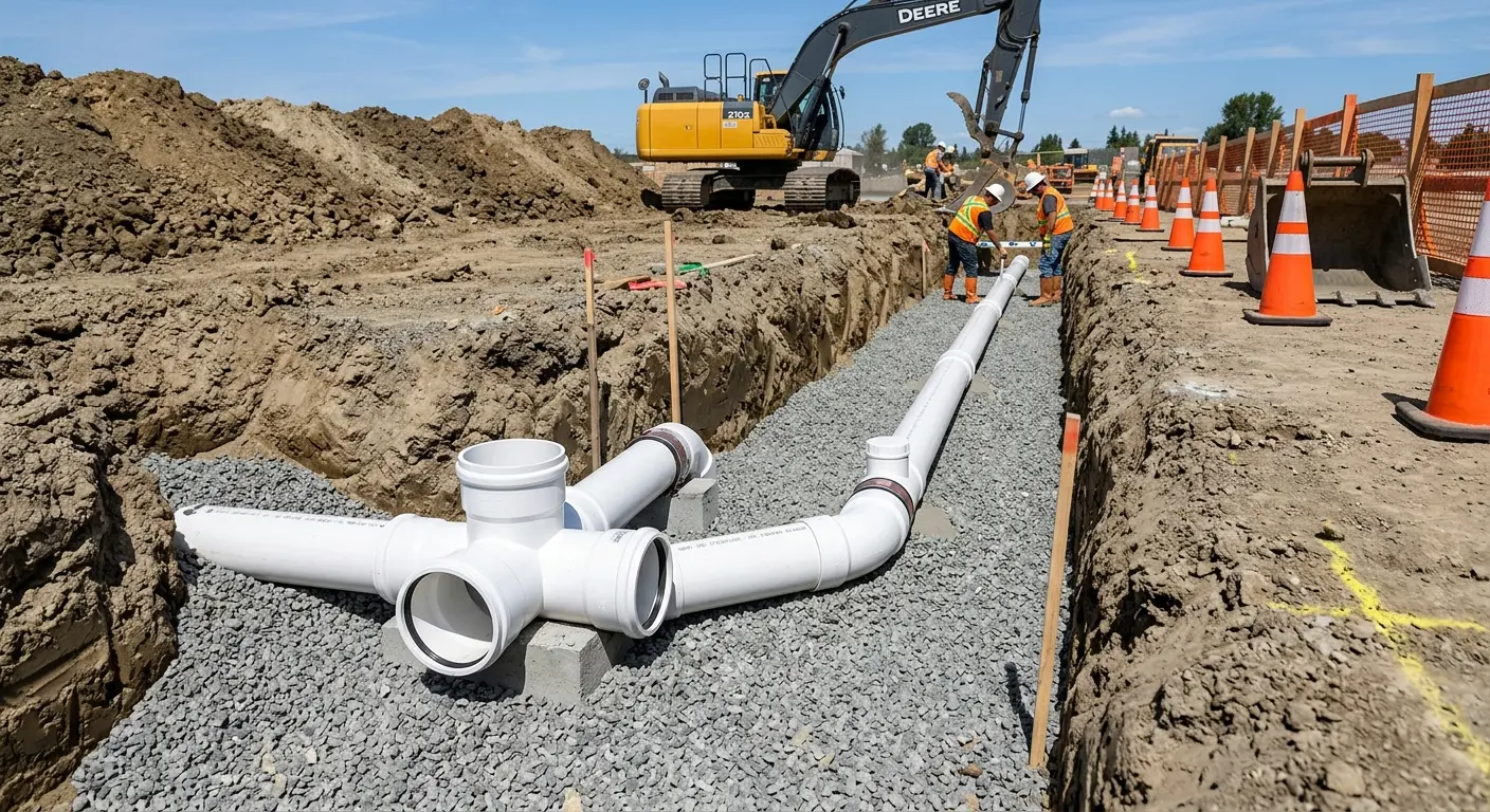 New PVC sewer pipe installation in open trench for Sewer Backup in Adrian