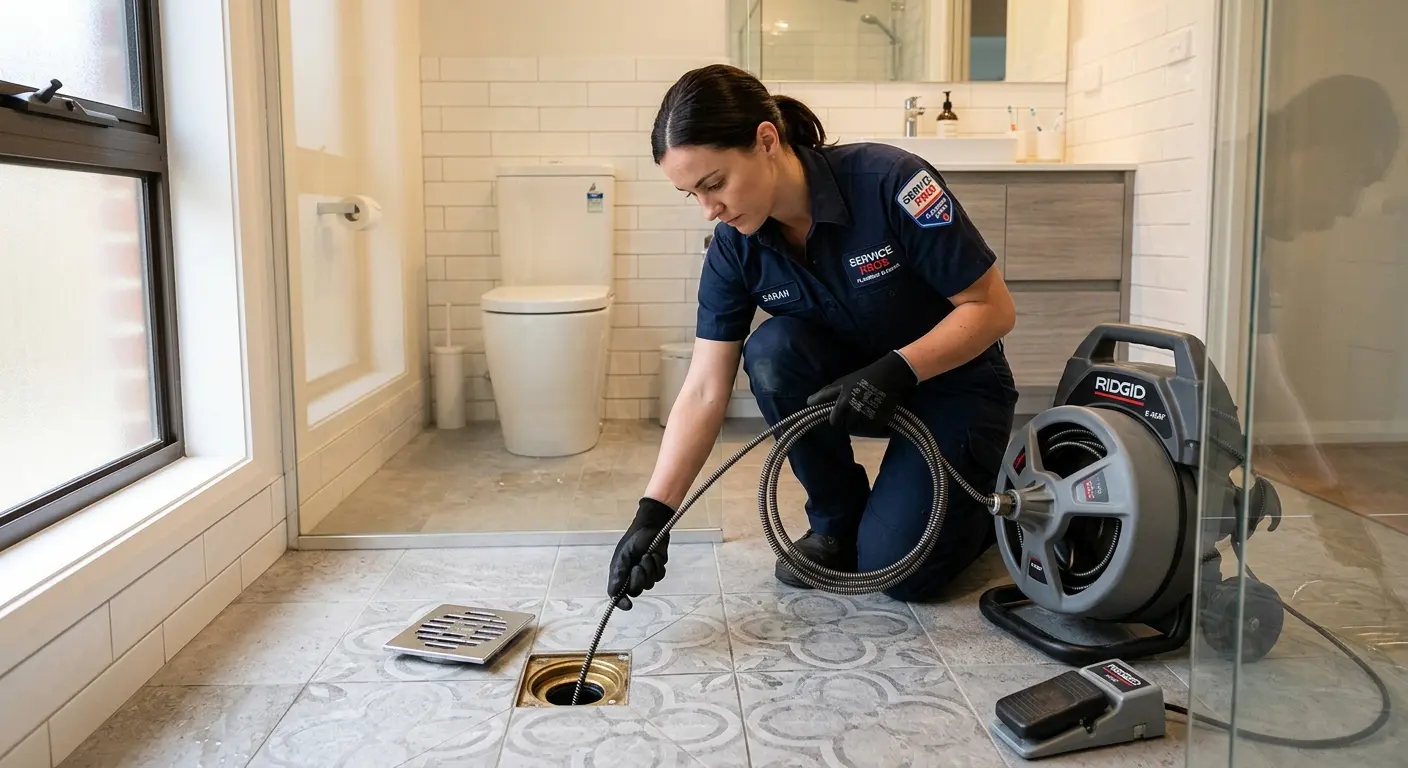 Technician clearing a bathroom floor drain for Sewer Line Installation in Adrian